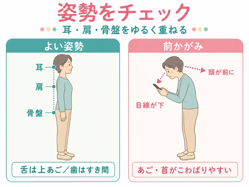 良い姿勢と前かがみ姿勢を比較する図解。